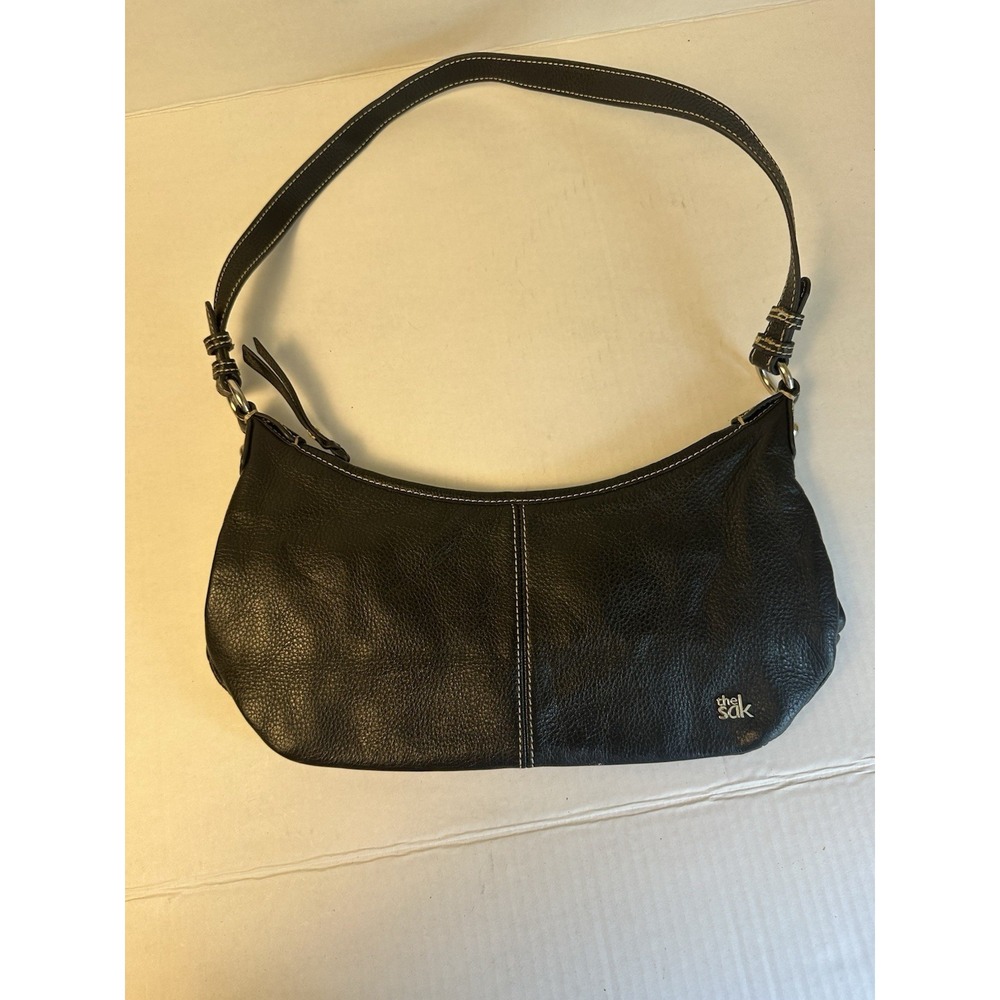 The Sak Black Pebbled Leather Shoulder Bag White Contrast Stitching Baguette